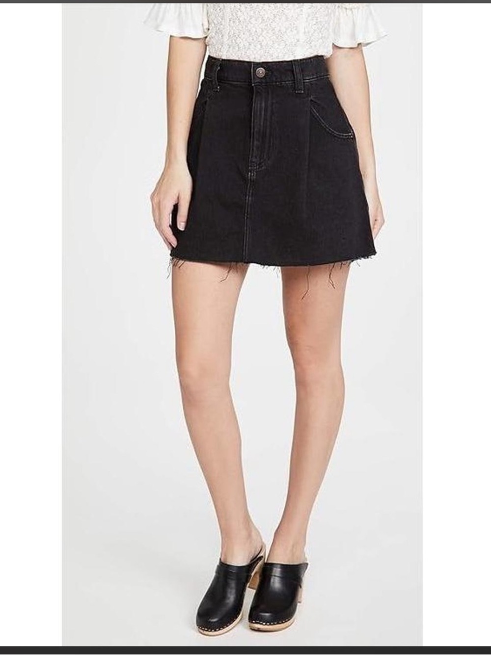 Free People Cosmico Flirt Mini Skirt Black Denim A-Line Raw Hem Sz 29